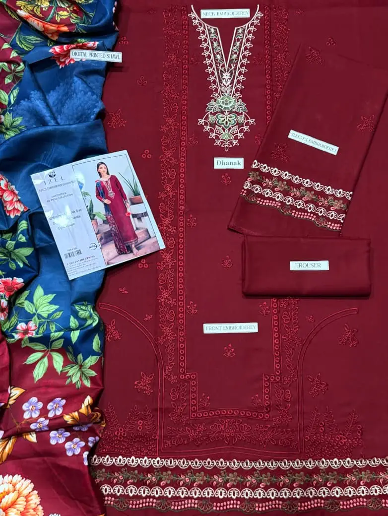 3 Pcs Women's Unstitched Embroidered Suit