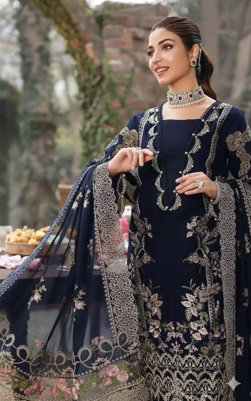 3 Pcs Women's Unstitched Embroidered Suit(HB)