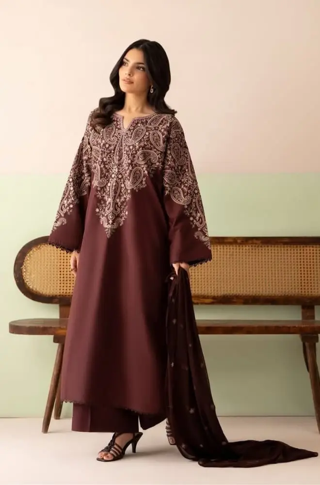 3 Pcs Women's Unstitched Embroidered Suit(HB)