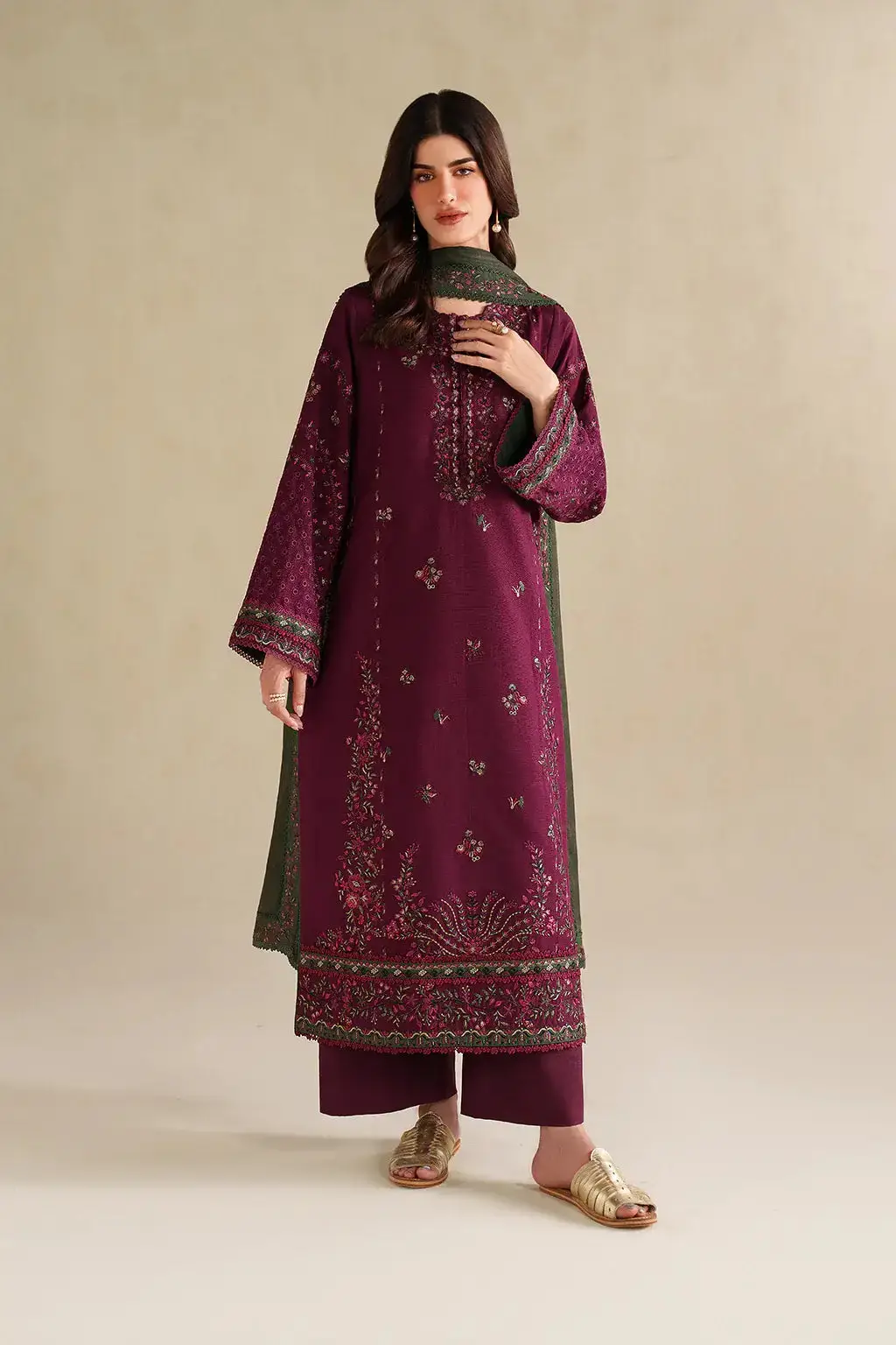 3 Pcs Women's Unstitched Embroidered Suit(HB)