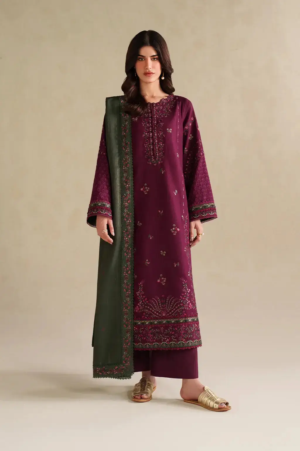 3 Pcs Women's Unstitched Embroidered Suit(HB)