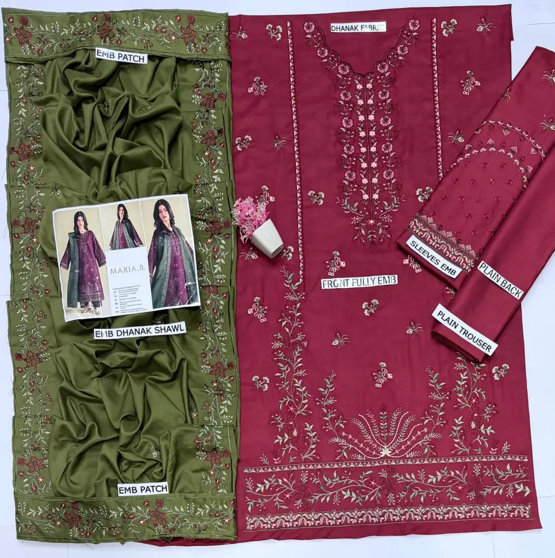 3 Pcs Women's Unstitched Embroidered Suit(HB)