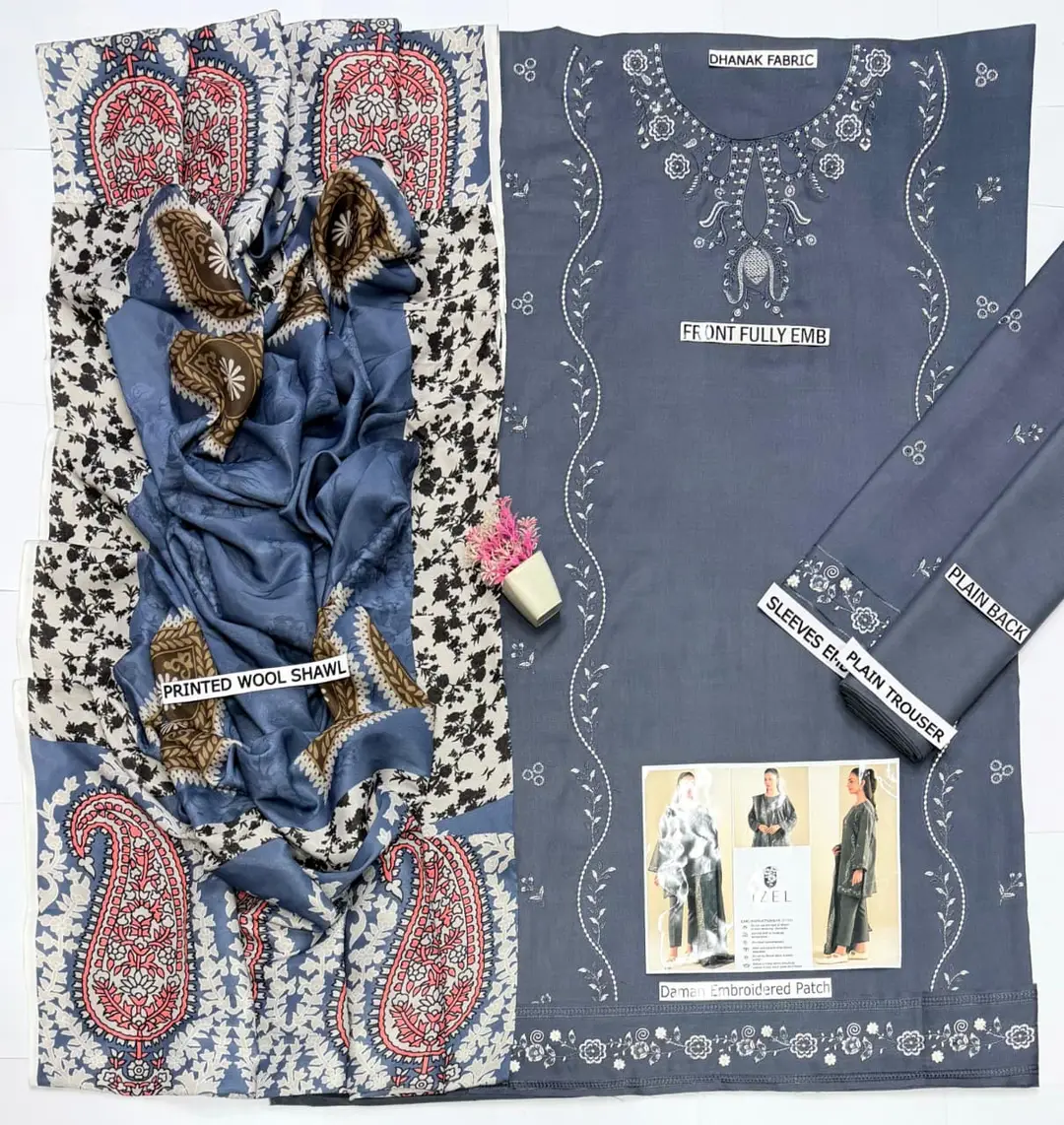 3 Pcs Women's Unstitched Embroidered Suit(HB)