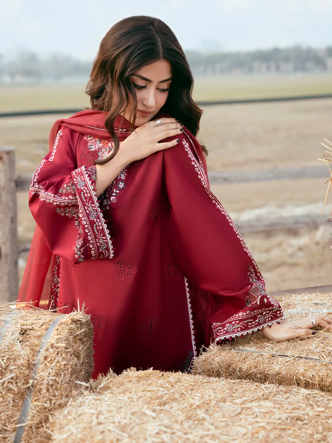 3 Pcs Women's Unstitched Embroidered Suit(HB)
