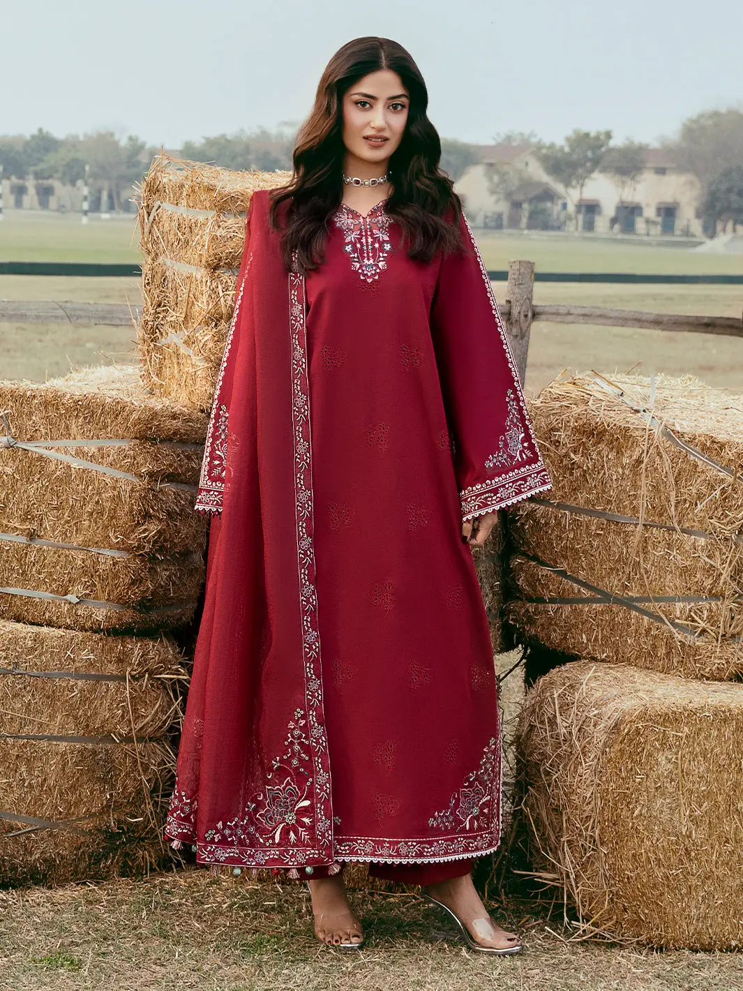 3 Pcs Women's Unstitched Embroidered Suit(HB)