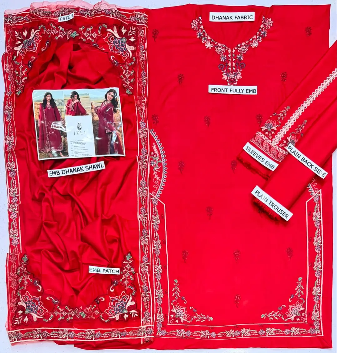 3 Pcs Women's Unstitched Embroidered Suit(HB)