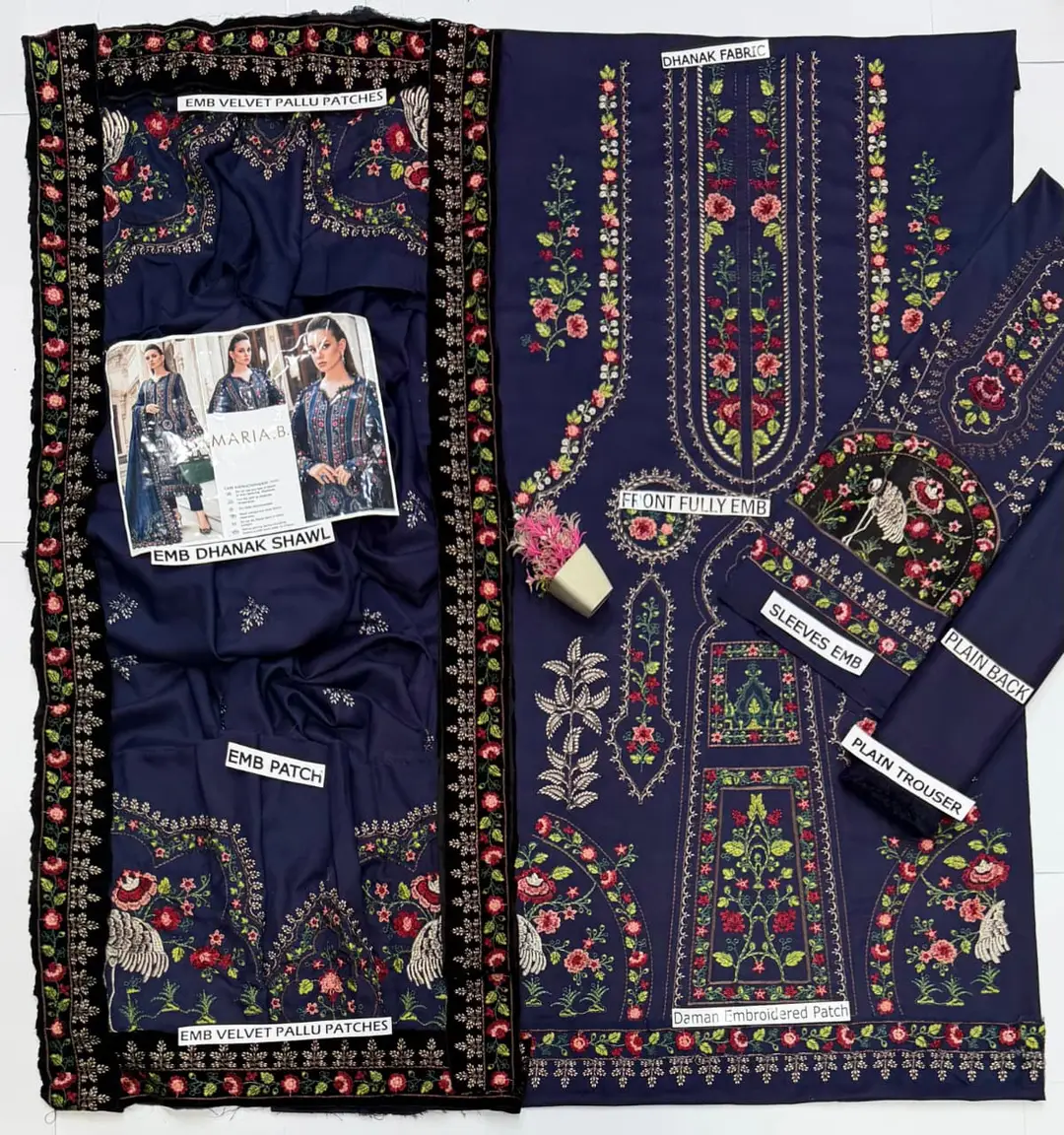 3 Pcs Women's Unstitched Embroidered Suit(HB)
