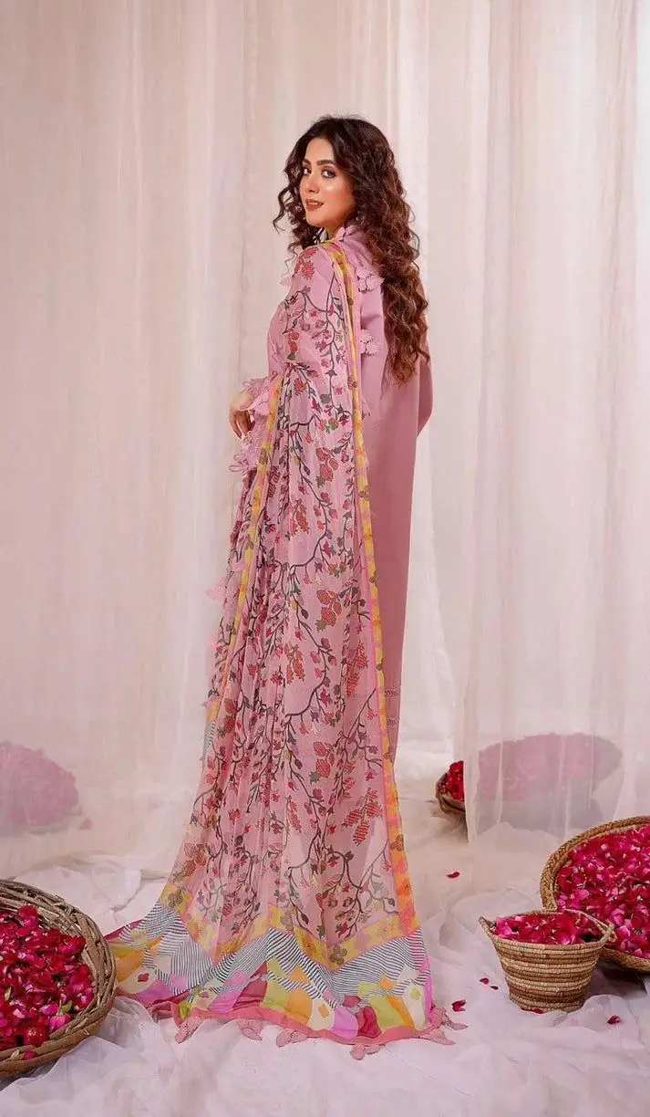 3 Pcs Women's Unstitched Embroidered Suit(HB)