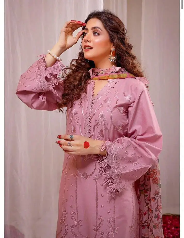 3 Pcs Women's Unstitched Embroidered Suit(HB)