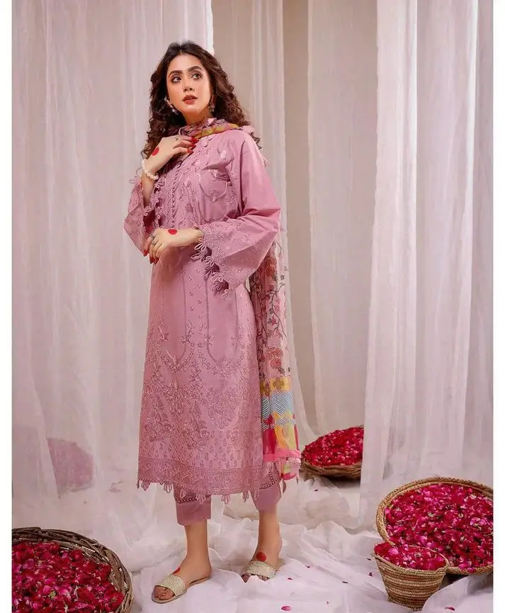 3 Pcs Women's Unstitched Embroidered Suit(HB)