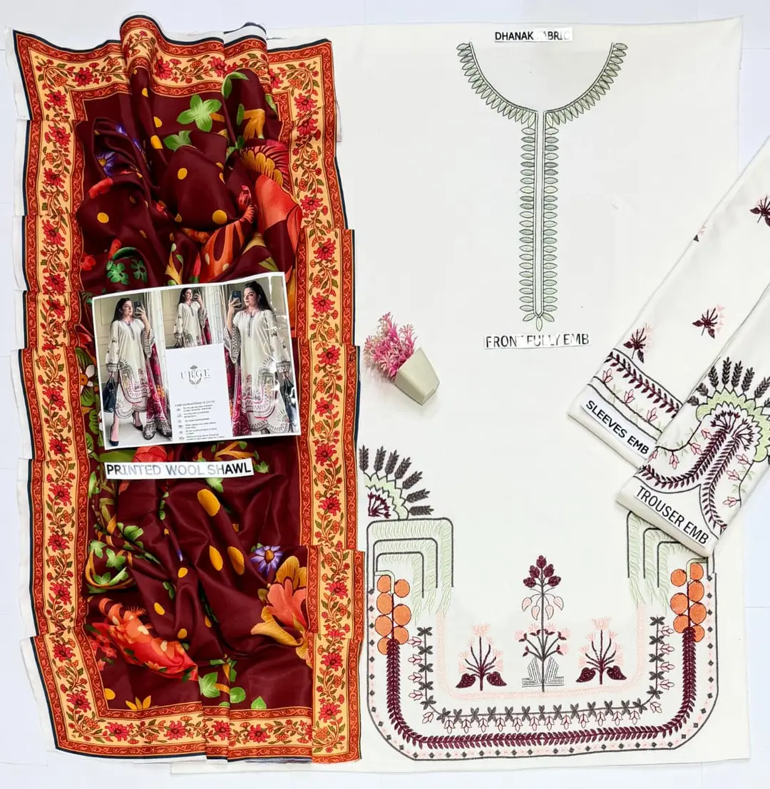 3 Pcs Women's Unstitched Embroidered Suit(HB)