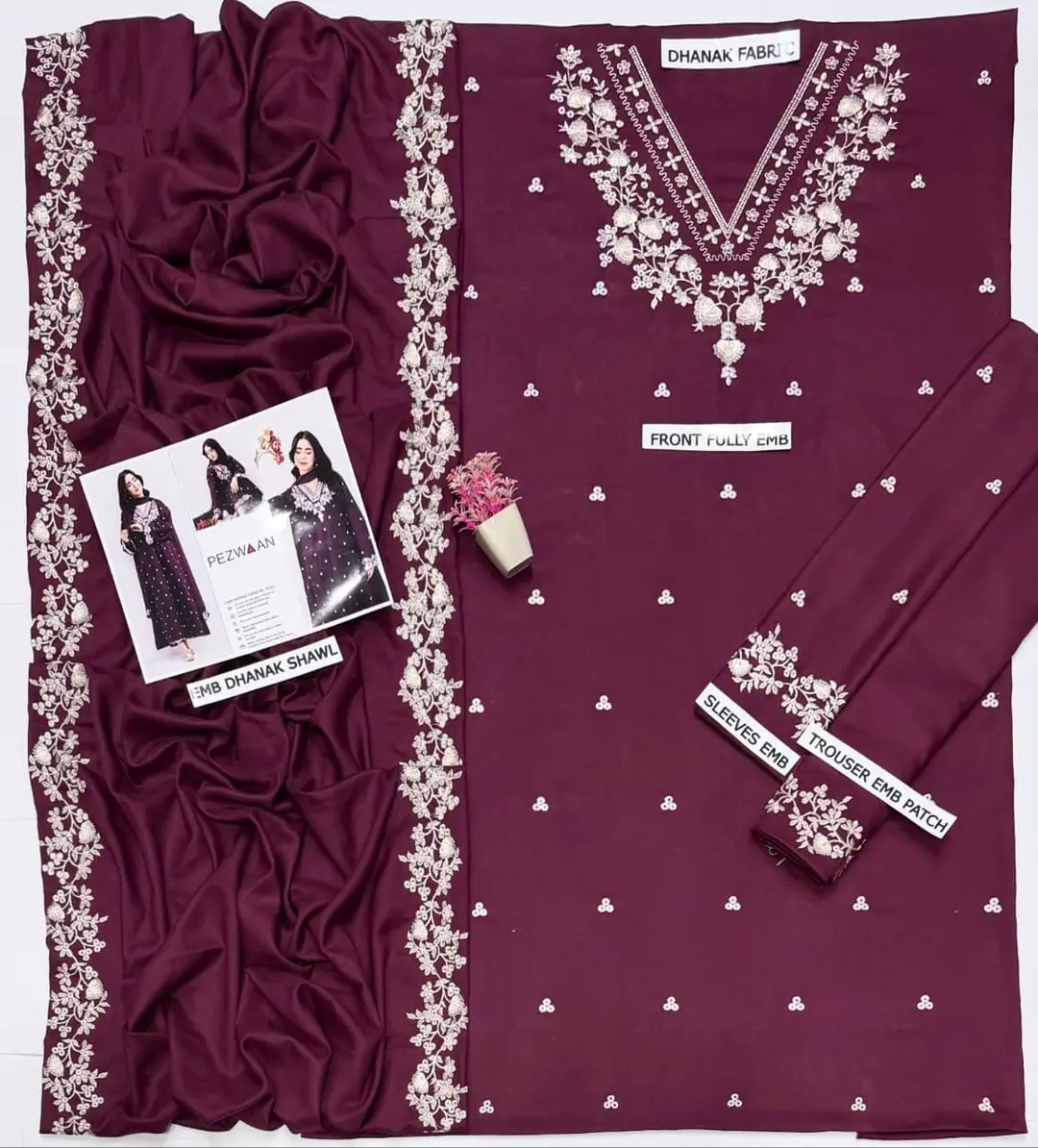 3 Pcs Women's Unstitched Embroidered Suit(HB)