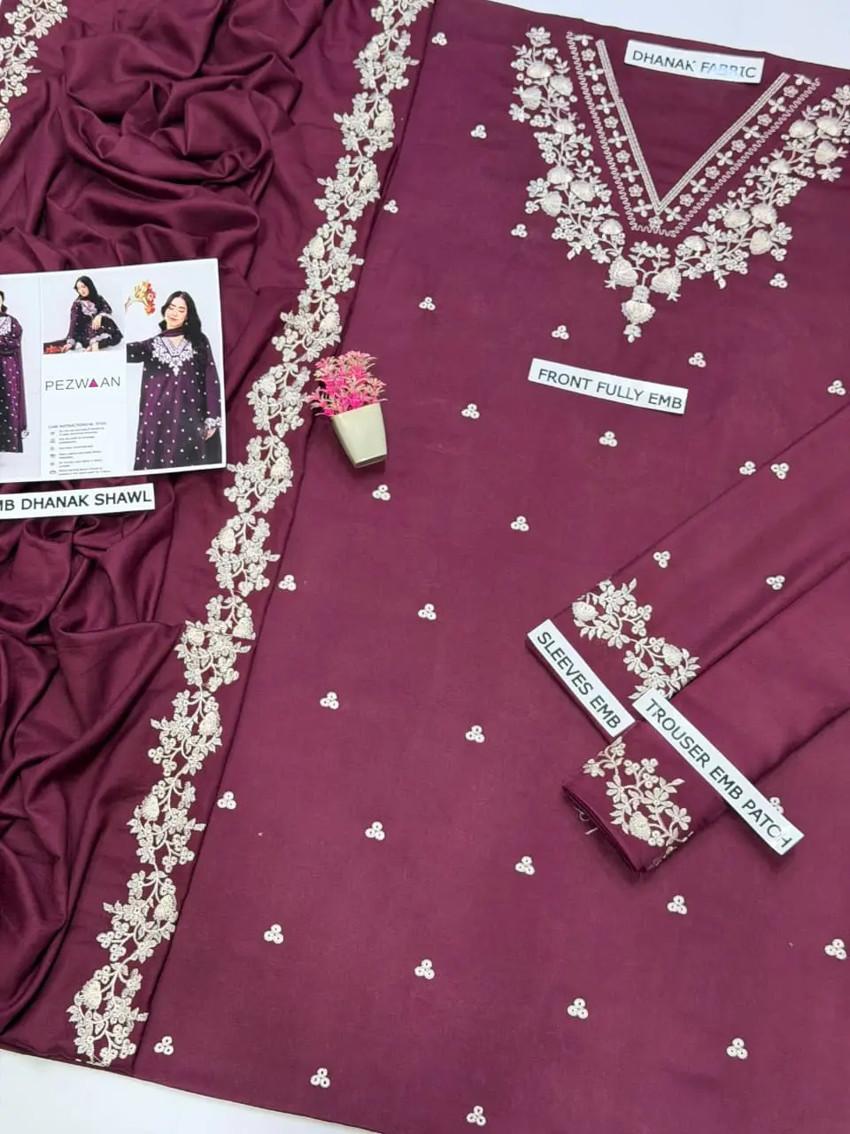 3 Pcs Women's Unstitched Embroidered Suit(HB)
