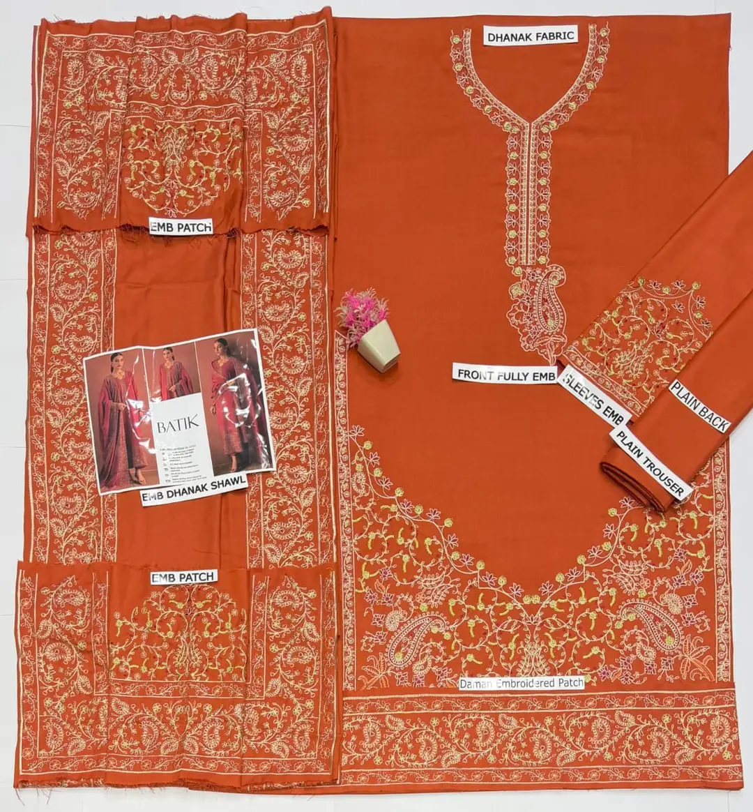 3 Pcs Women's Unstitched Embroidered Suit(HB)