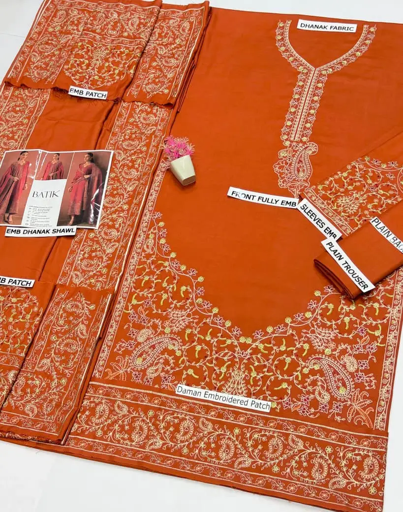 3 Pcs Women's Unstitched Embroidered Suit(HB)