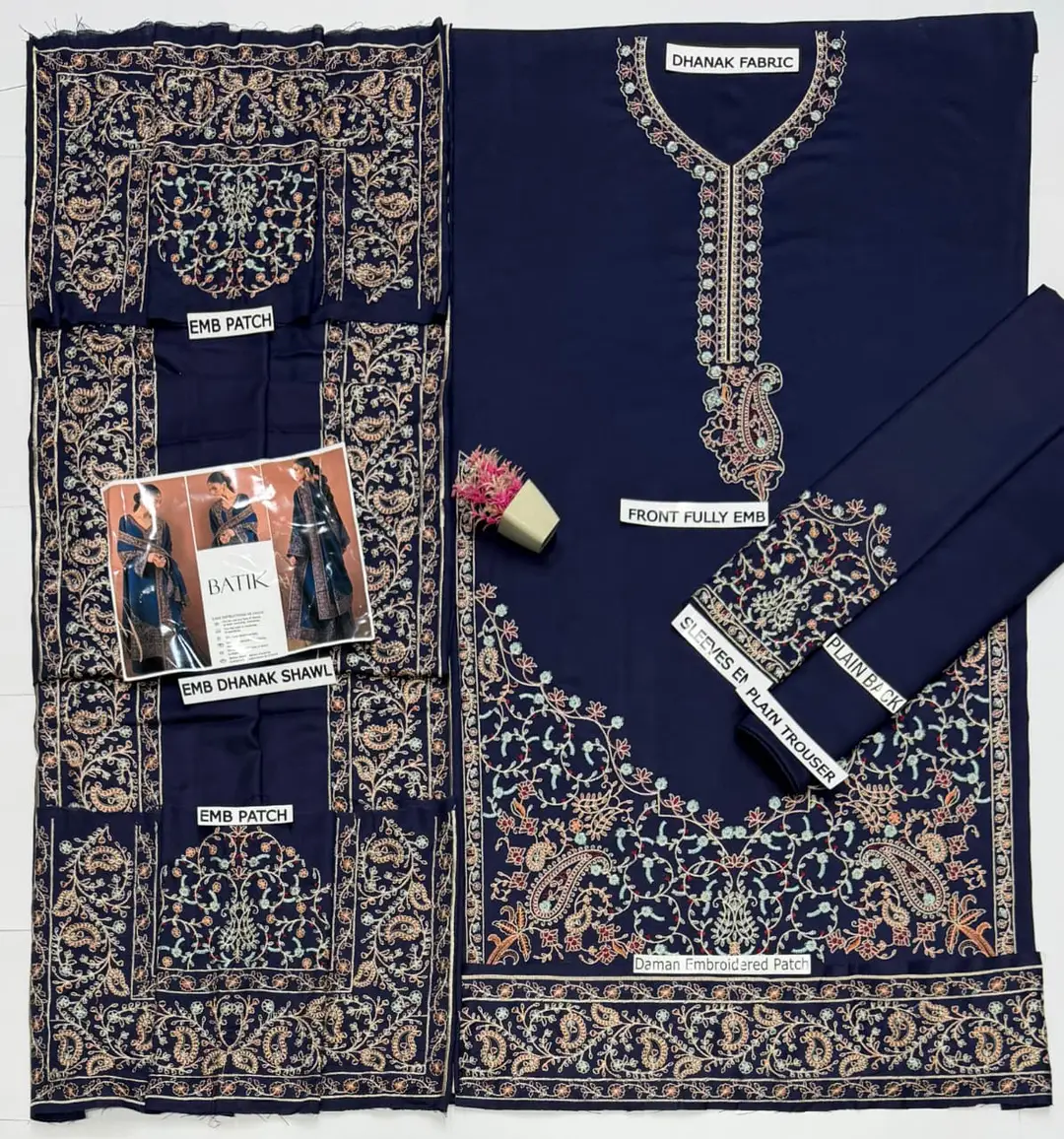 3 Pcs Women's Unstitched Embroidered Suit(HB)