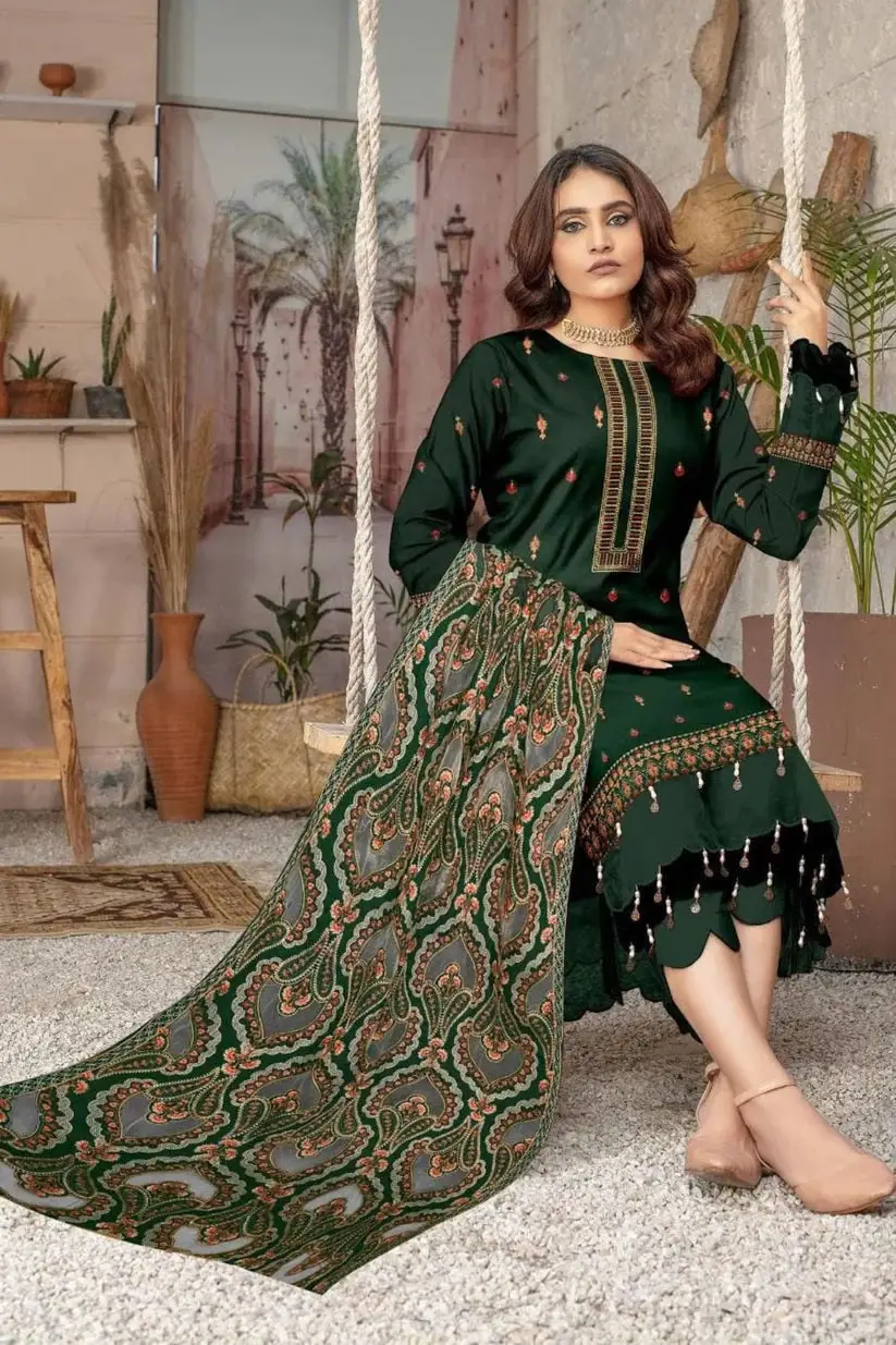 3 Pcs Women's Unstitched Embroidered Suit(HB)