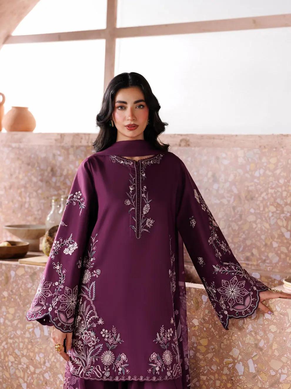 3 Pcs Women's Unstitched Embroidered Suit(HB)