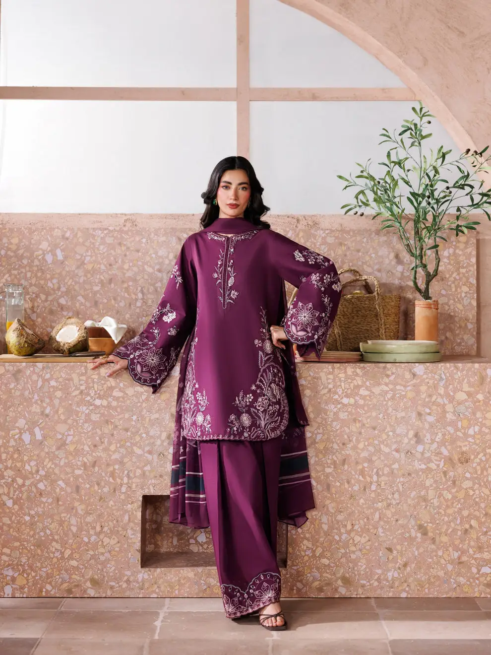 3 Pcs Women's Unstitched Embroidered Suit(HB)