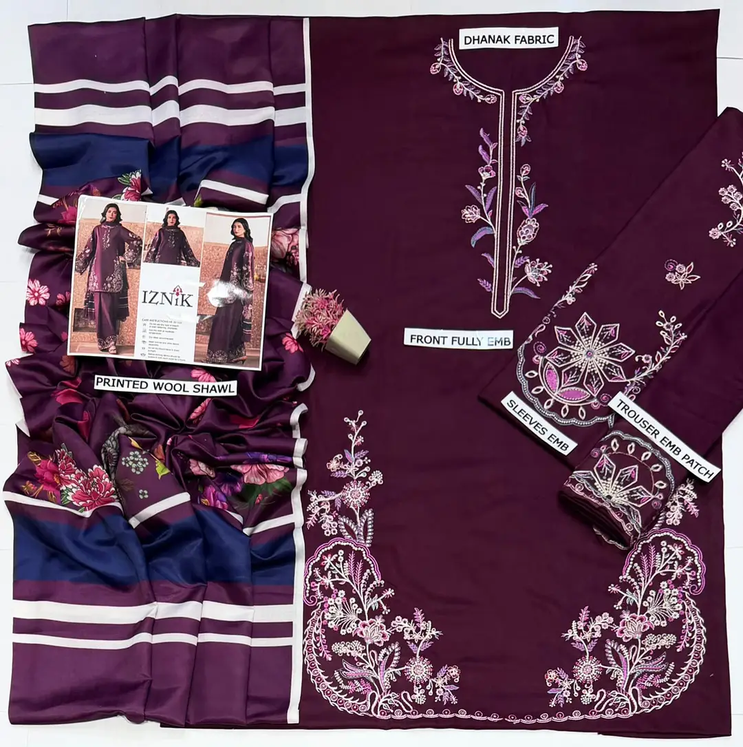 3 Pcs Women's Unstitched Embroidered Suit(HB)