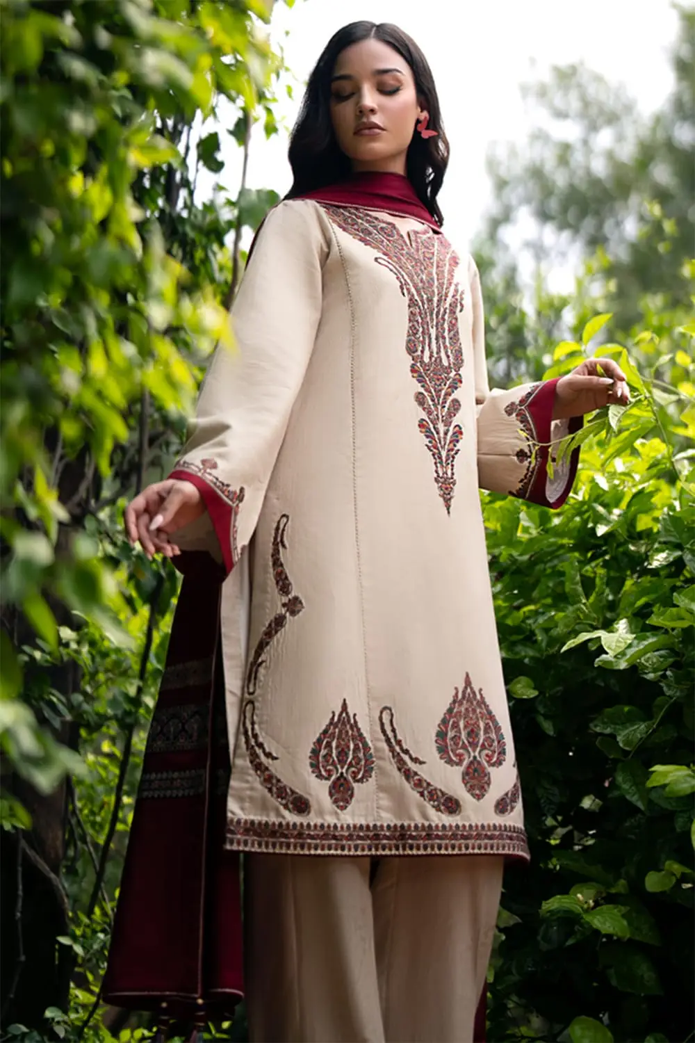 3 Pcs Women's Unstitched Embroidered Suit(HB)