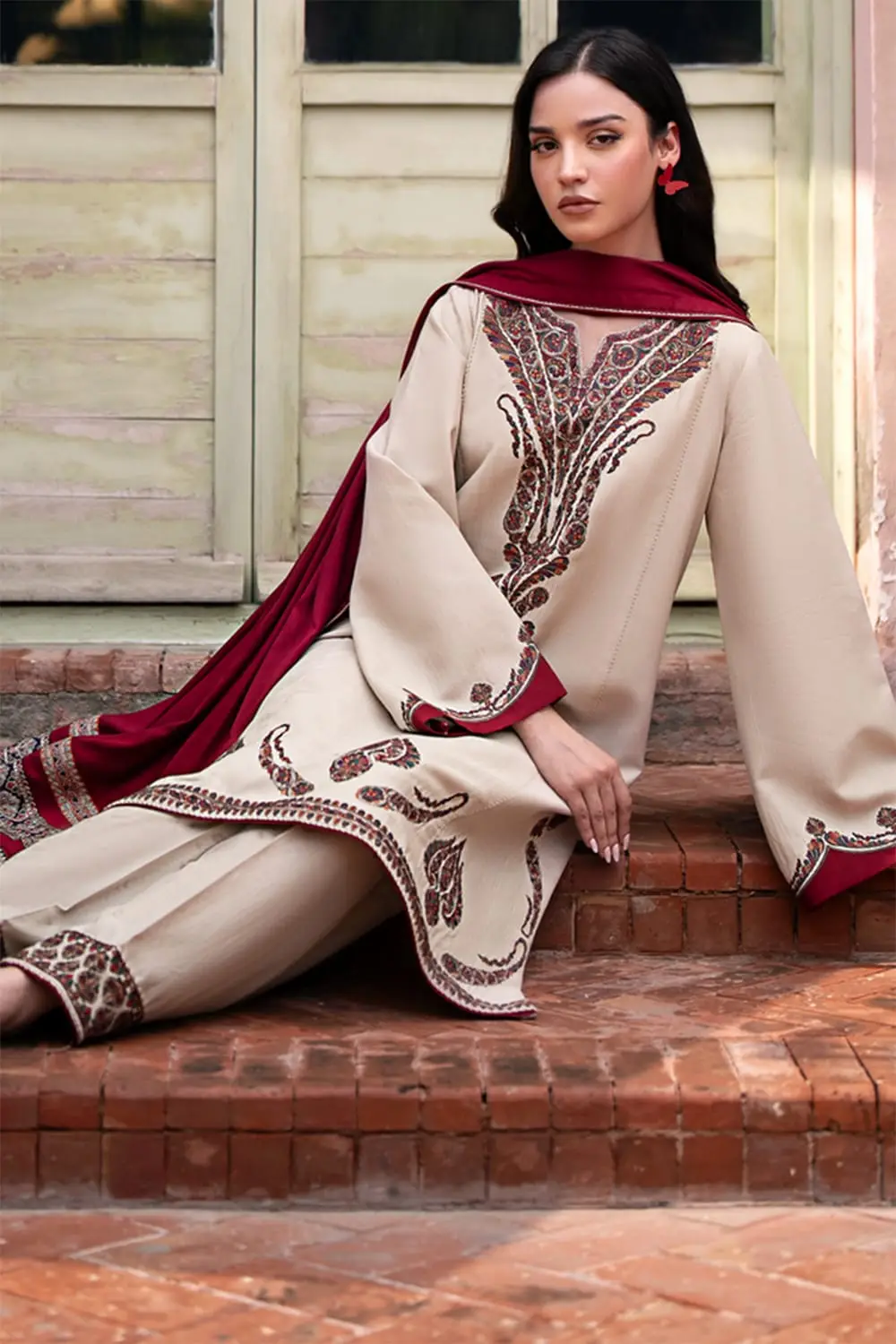 3 Pcs Women's Unstitched Embroidered Suit(HB)