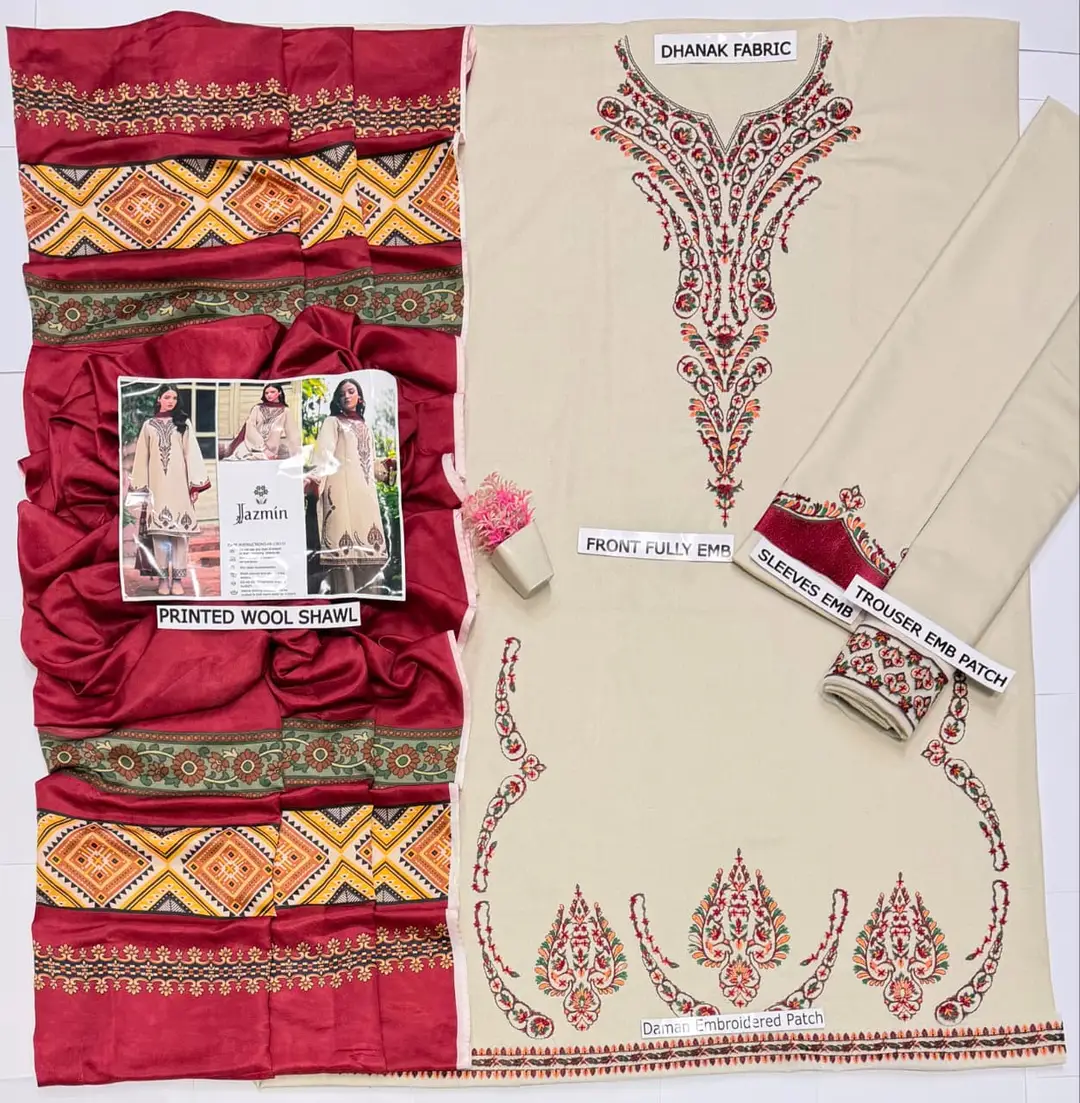 3 Pcs Women's Unstitched Embroidered Suit(HB)