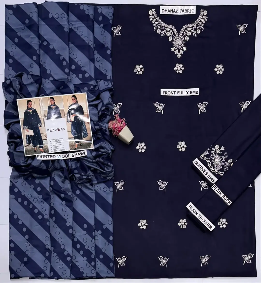 3 Pcs Women's Unstitched Embroidered Suit(HB)