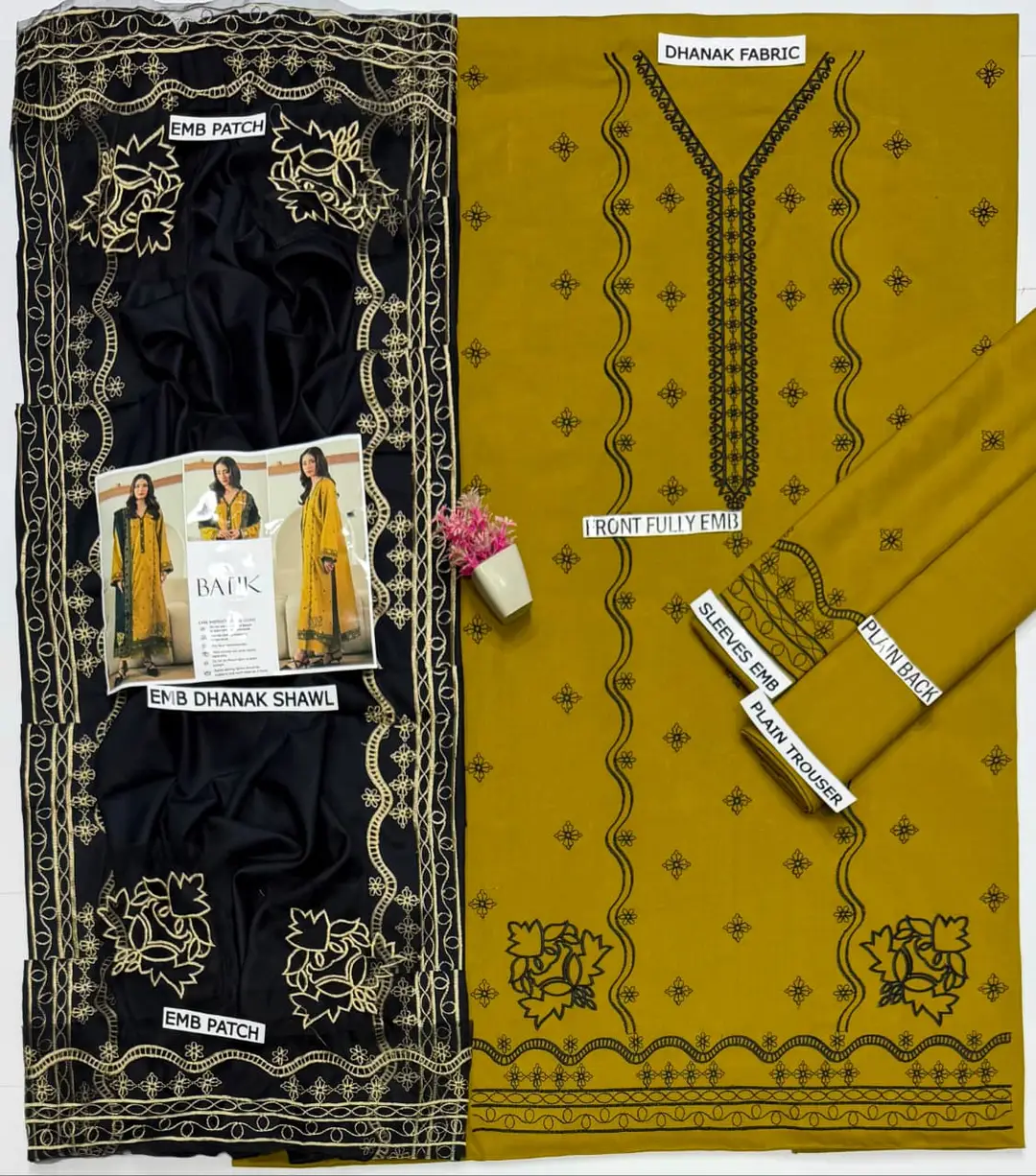 3 Pcs Women's Unstitched Embroidered Suit(HB)