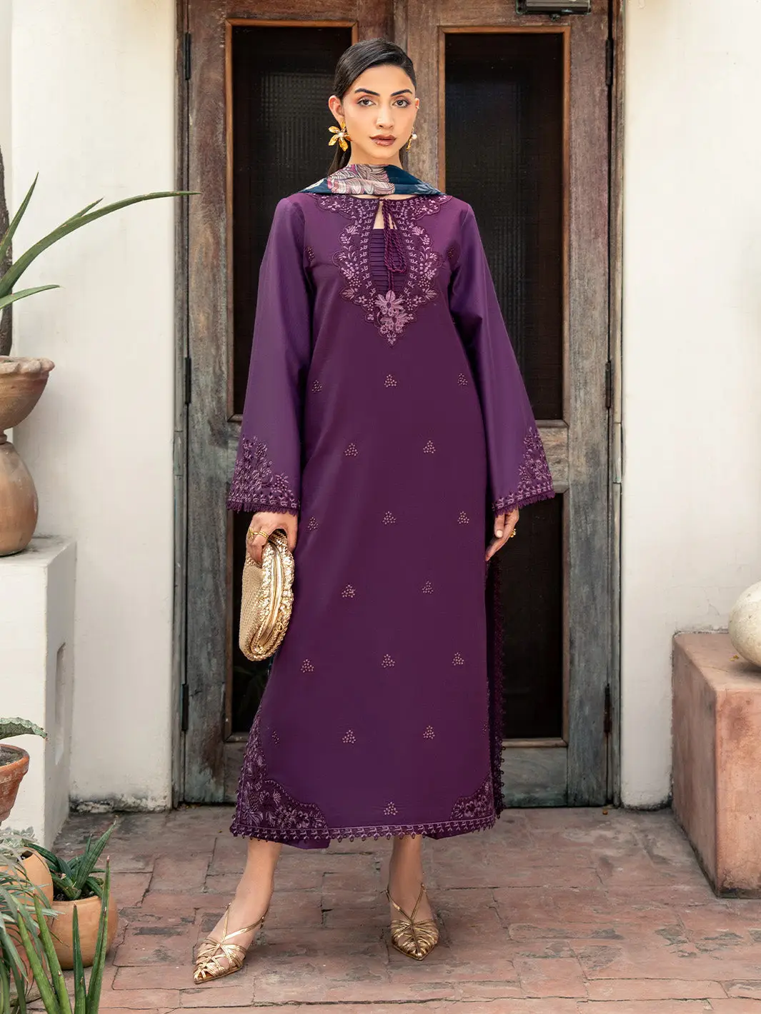 3 Pcs Women's Unstitched Embroidered Suit(HB)