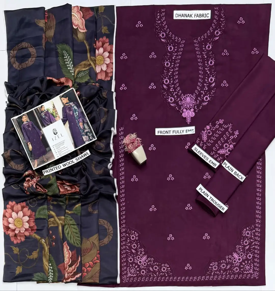 3 Pcs Women's Unstitched Embroidered Suit(HB)