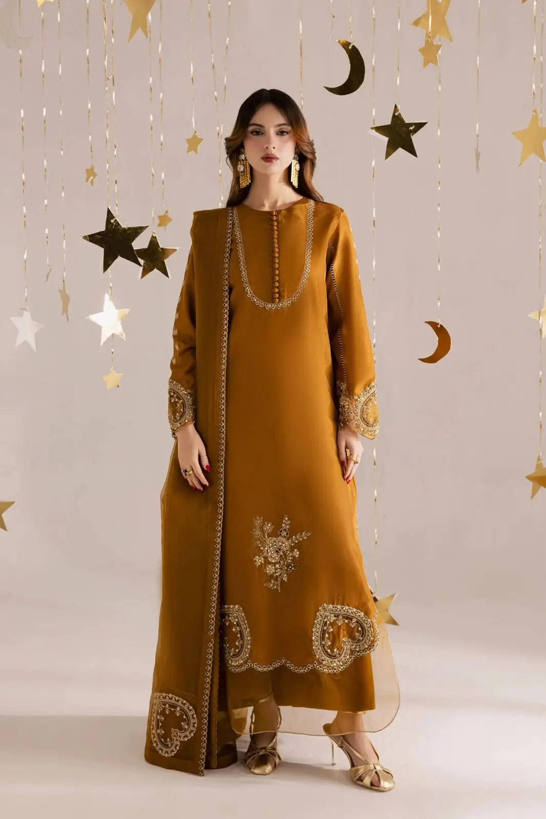 3 Pcs Women's Unstitched Sequins Embroidered Suit(skf)
