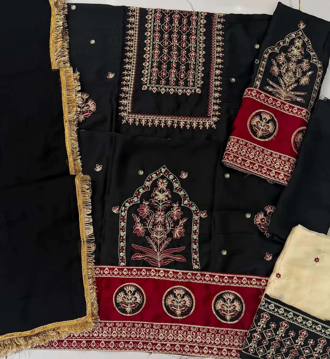 3 Pcs Women's Unstitched Embroidered Suit(skf)