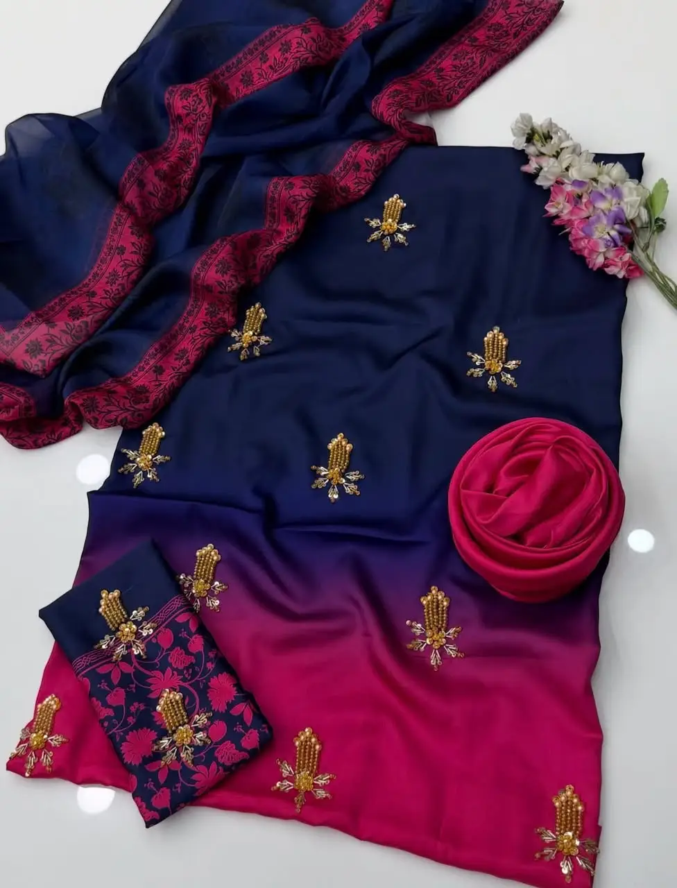 3 Pcs Women's Unstitched Hand Embroidered Suit(skf)