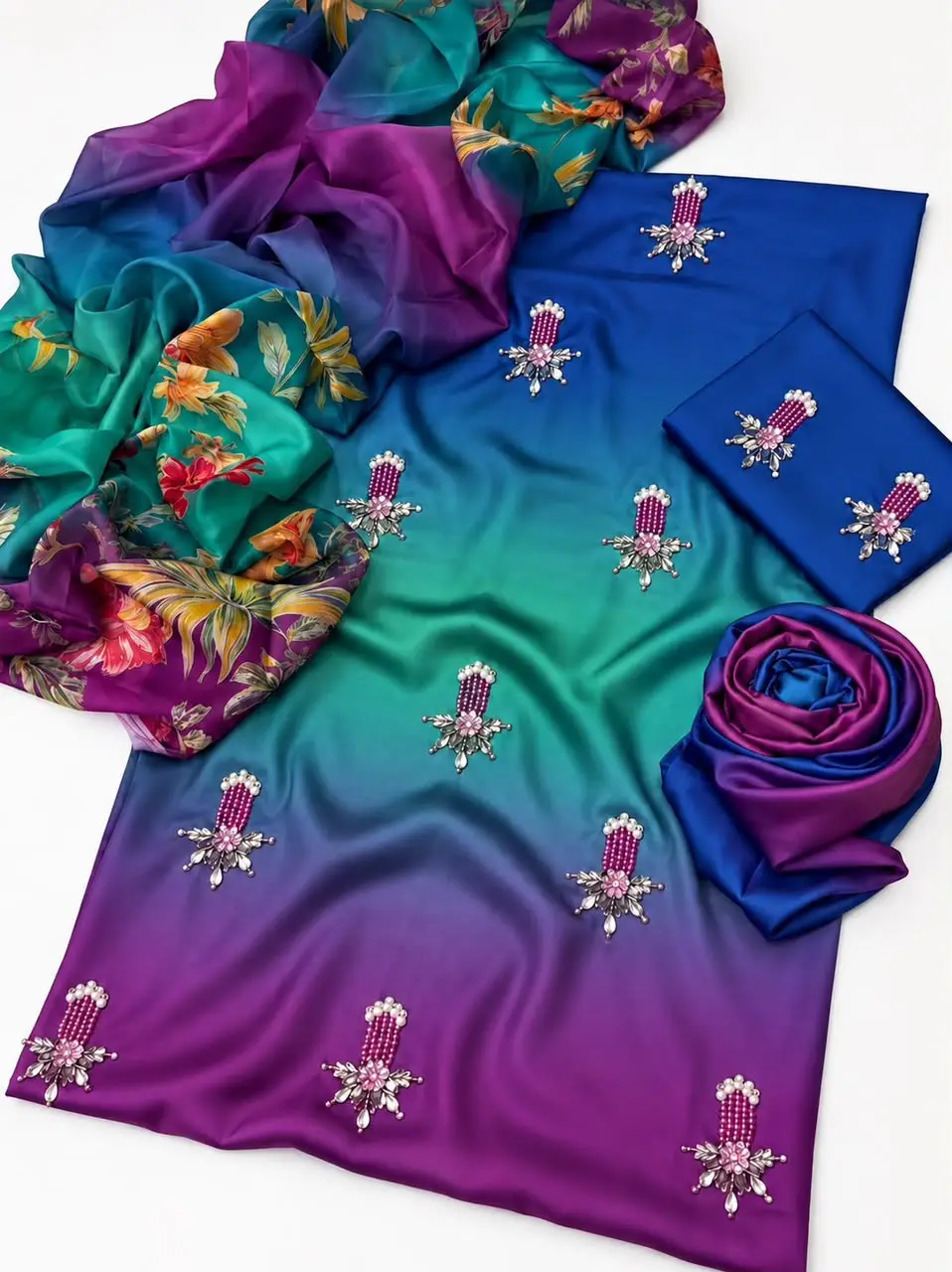 3 Pcs Women's Unstitched Hand Embroidered Suit(skf)