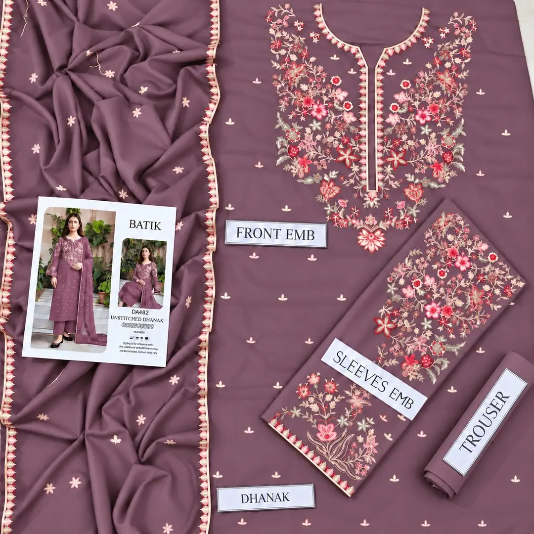 3 Pcs Women's Unstitched Embroidered Suit(n&f)