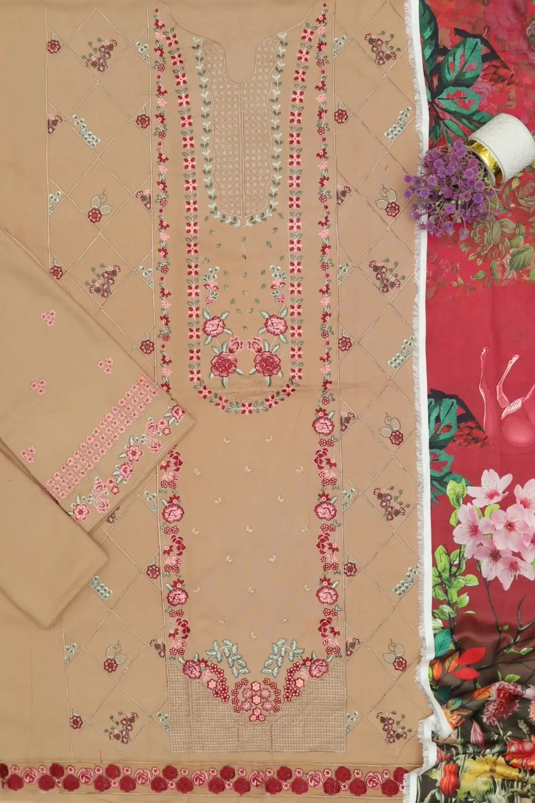3 Pcs Women's Unstitched Embroidered Suit(f&f)