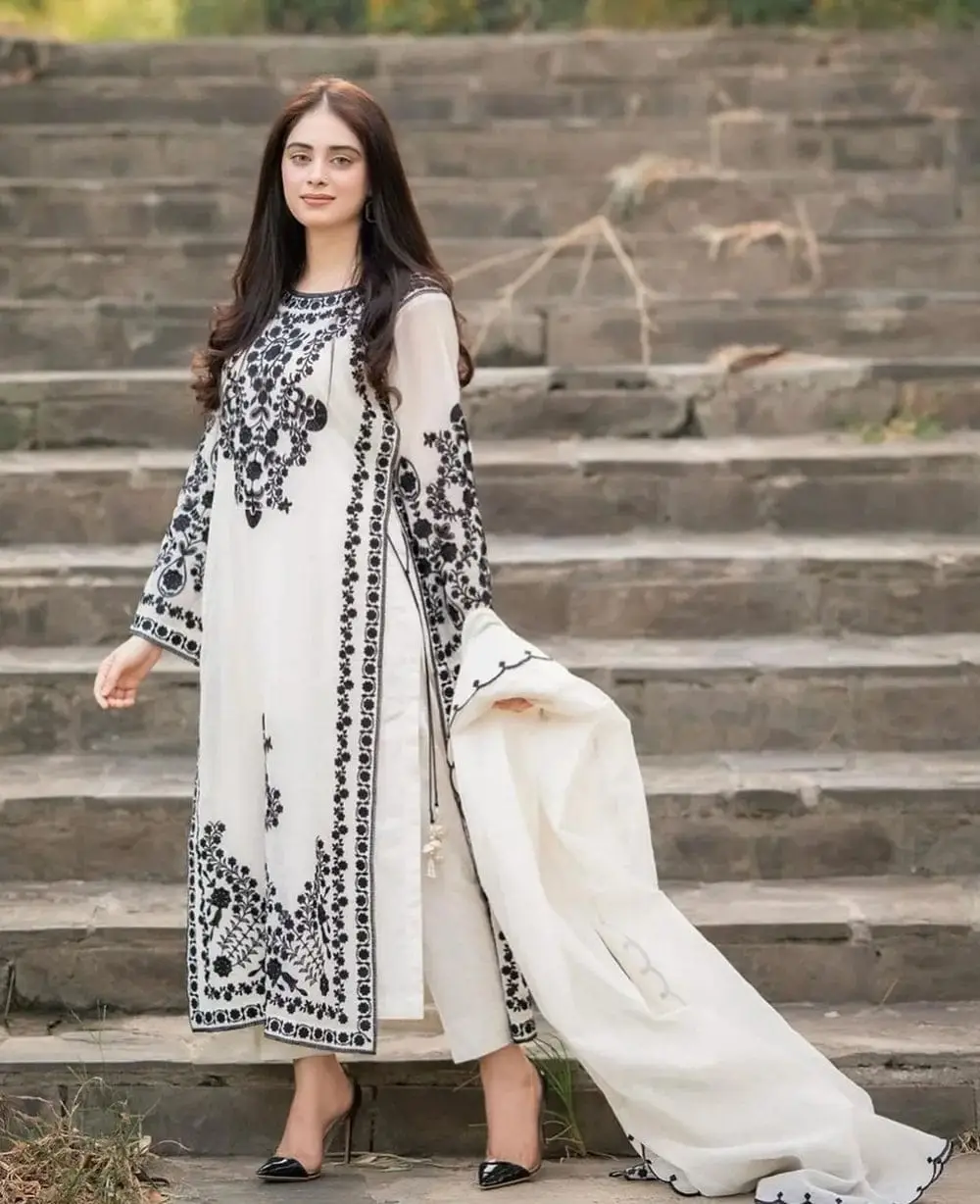 3 Pcs Women's Unstitched Embroidered Suit(hb)