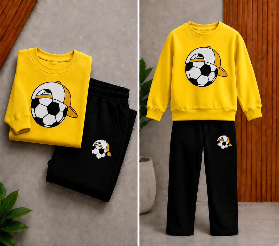 2 Pcs Yellow Foot Ball  Boy's Cotton Fleece Printed Tracksuit
