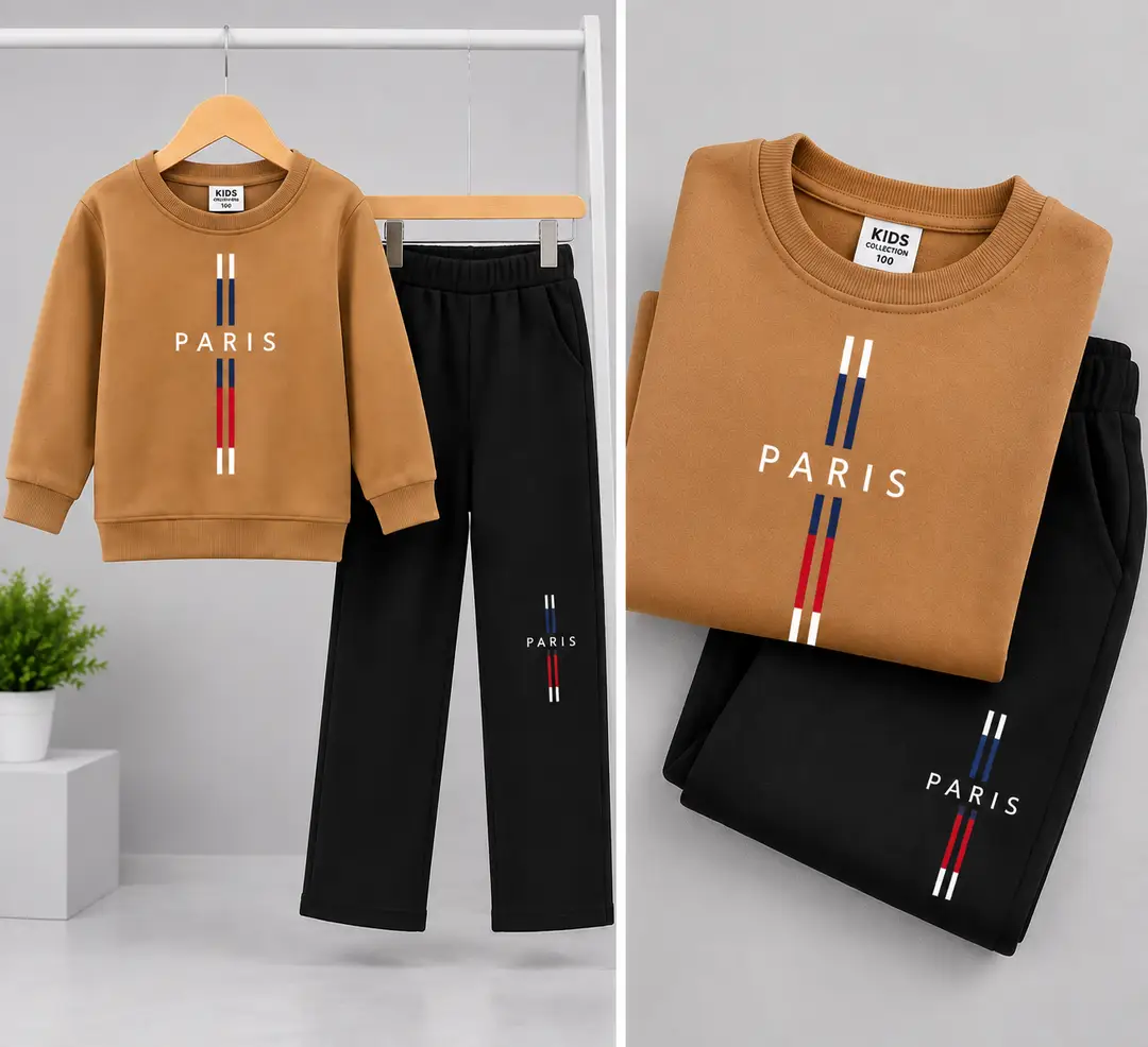 2 Pcs Boy's  Premium Camel & Black PARIS Tracksuit Set