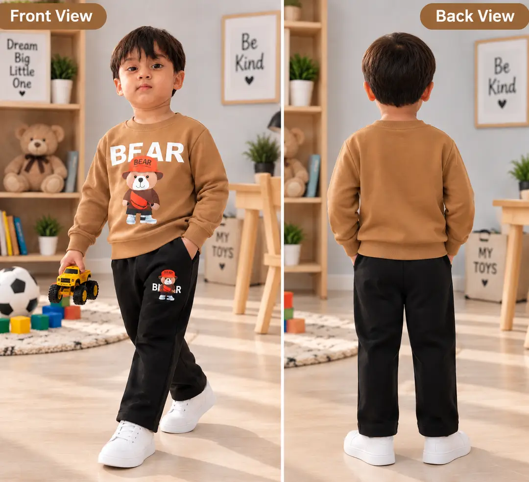 Bear Camel Brown 2 Pcs Boy's Fleece Printed Tracksuit