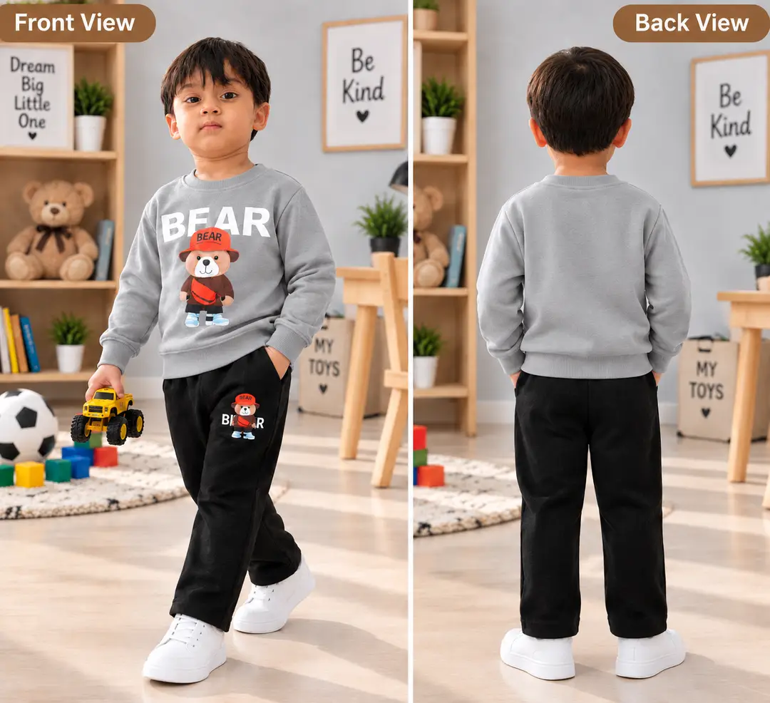 Bear Grey And Black 2 Pcs Boy's Cotton Printed Tracksuit
