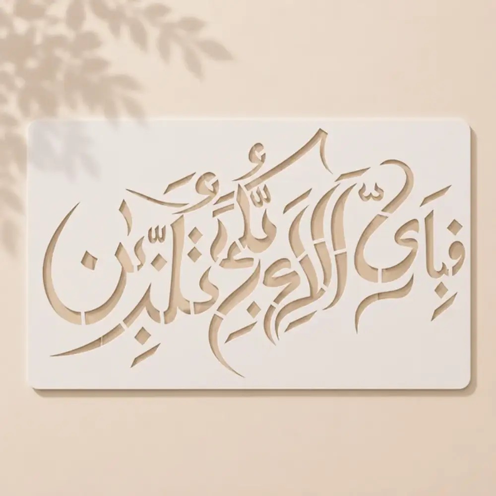 Casveena Fabi Ayyi Ala'i Rabbikuma Tukazziban Wall Painting Stencil Sheet - Style X Reusable Quranic Calligraphy Cutout Template for DIY Wall Decor