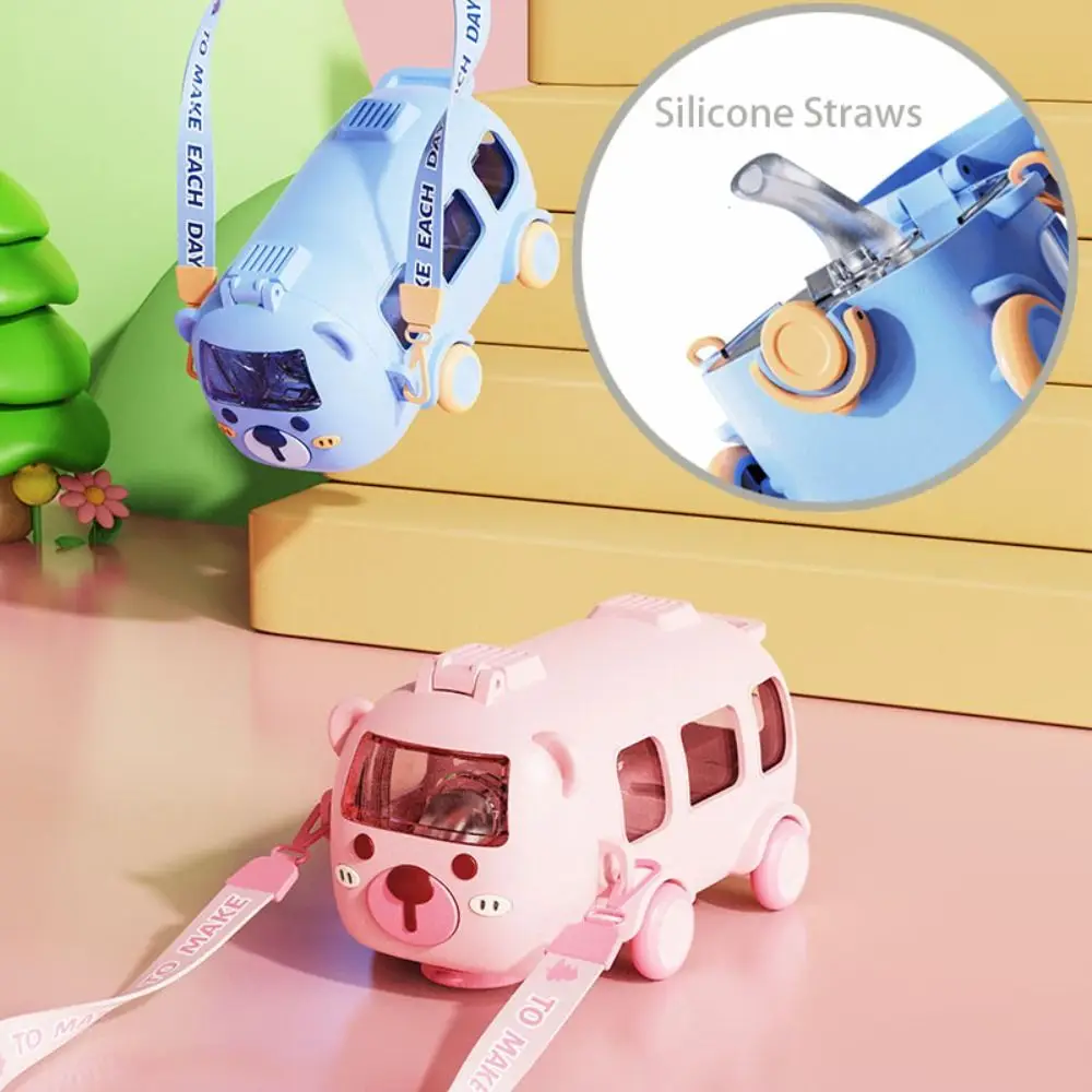 550ML / Cute Bus Shape Water Bottle for Kids | Water Bottle with Straw & Carry Strap | Leak Proof Portable School & Travel Drinking Bottle
