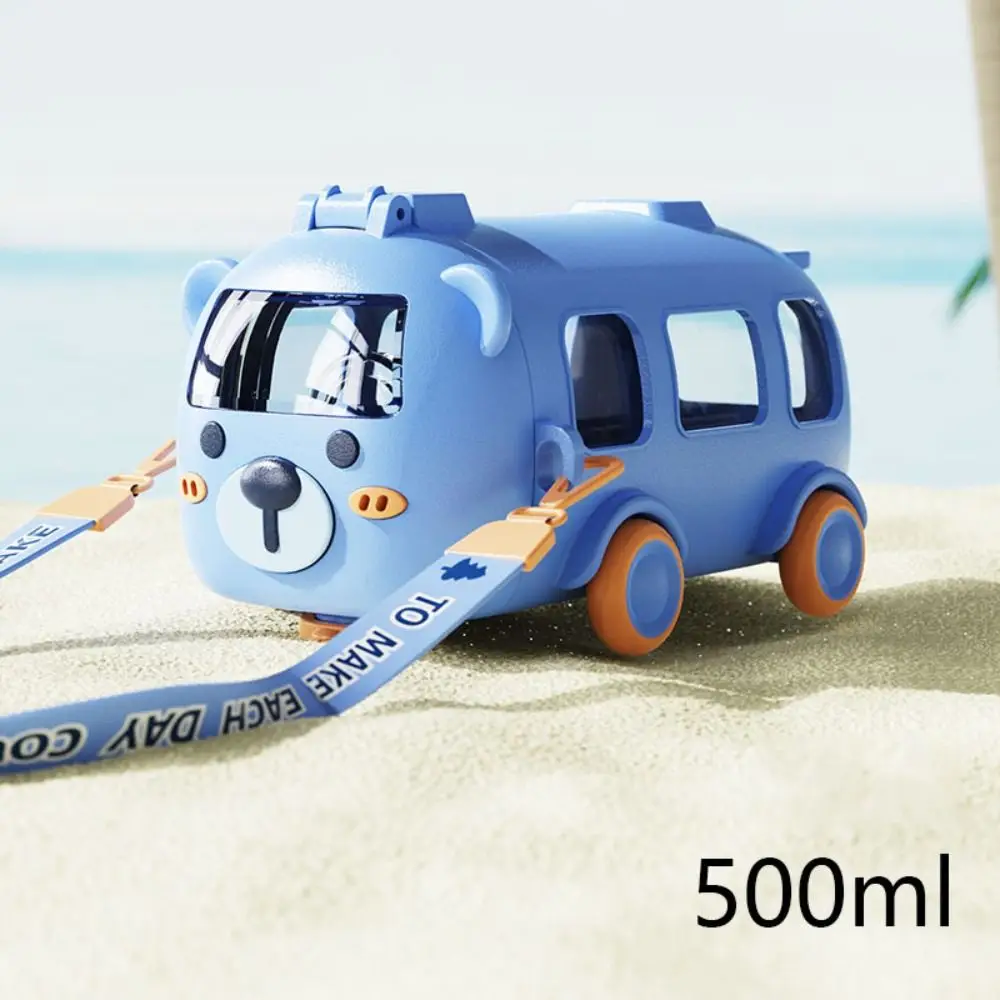 550ML / Cute Bus Shape Water Bottle for Kids | Water Bottle with Straw & Carry Strap | Leak Proof Portable School & Travel Drinking Bottle