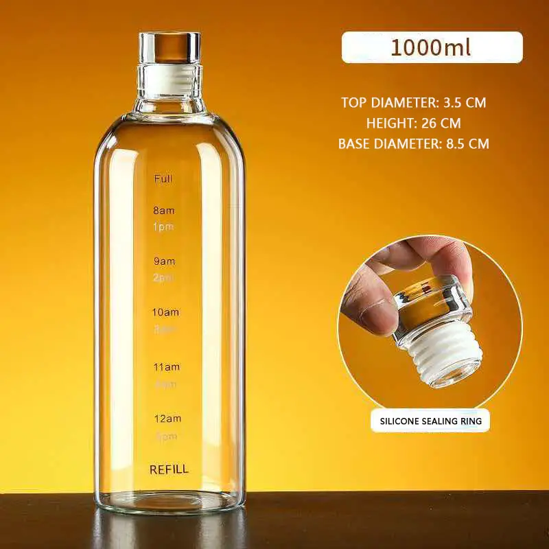 1000/Ml Glass Water Bottle With Time Scale - Couple Glass Portable Bottle - Water Container Anti-drop - Outdoor Water Bottle