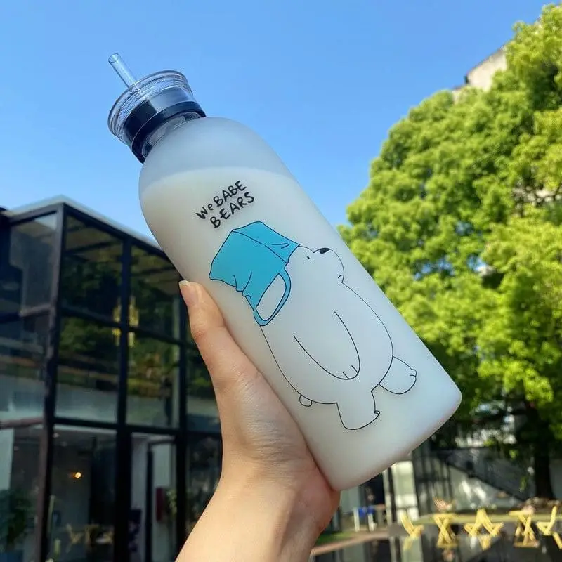 500ml Cute Panda & Bear Frosted Water Bottle with Straw | Cartoon Reusable Leak Proof Drinking Bottle for School Office Gym Travel Outdoor