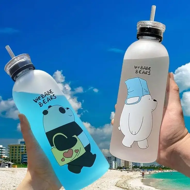 500ml Cute Panda & Bear Frosted Water Bottle with Straw | Cartoon Reusable Leak Proof Drinking Bottle for School Office Gym Travel Outdoor