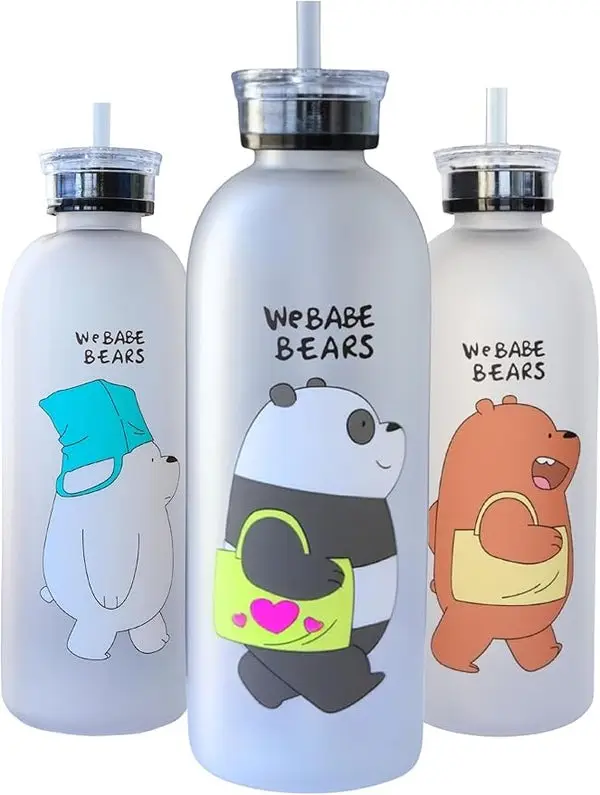 500ml Cute Panda & Bear Frosted Water Bottle with Straw | Cartoon Reusable Leak Proof Drinking Bottle for School Office Gym Travel Outdoor
