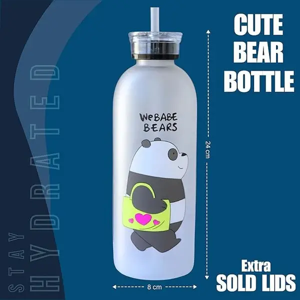 500ml Cute Panda & Bear Frosted Water Bottle with Straw | Cartoon Reusable Leak Proof Drinking Bottle for School Office Gym Travel Outdoor
